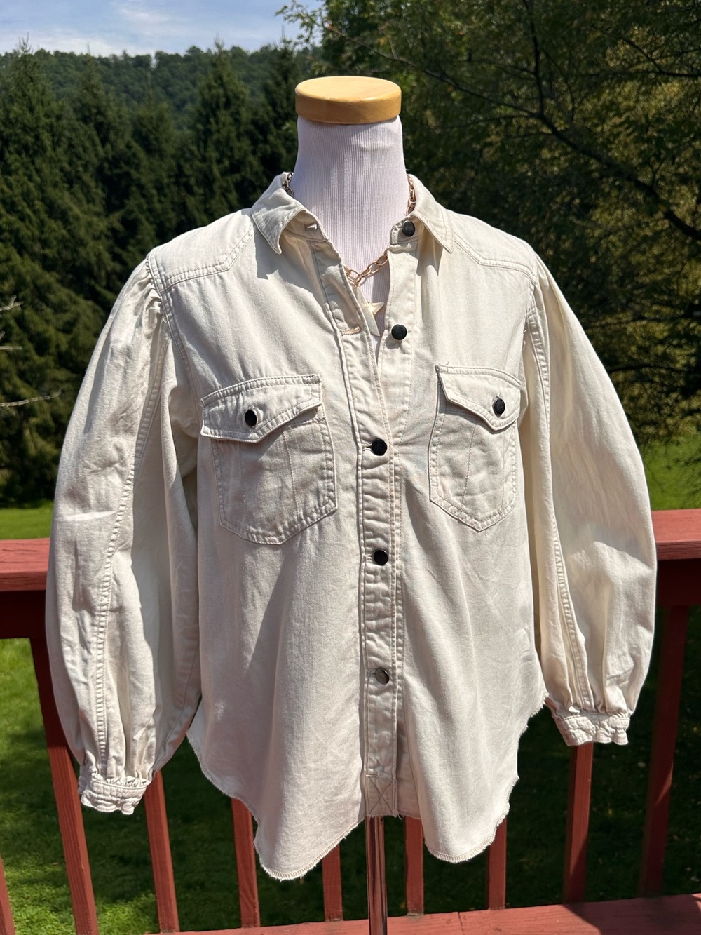 Free People We The Free Cream Balloon Sleeve Utility Button Denim Jacket